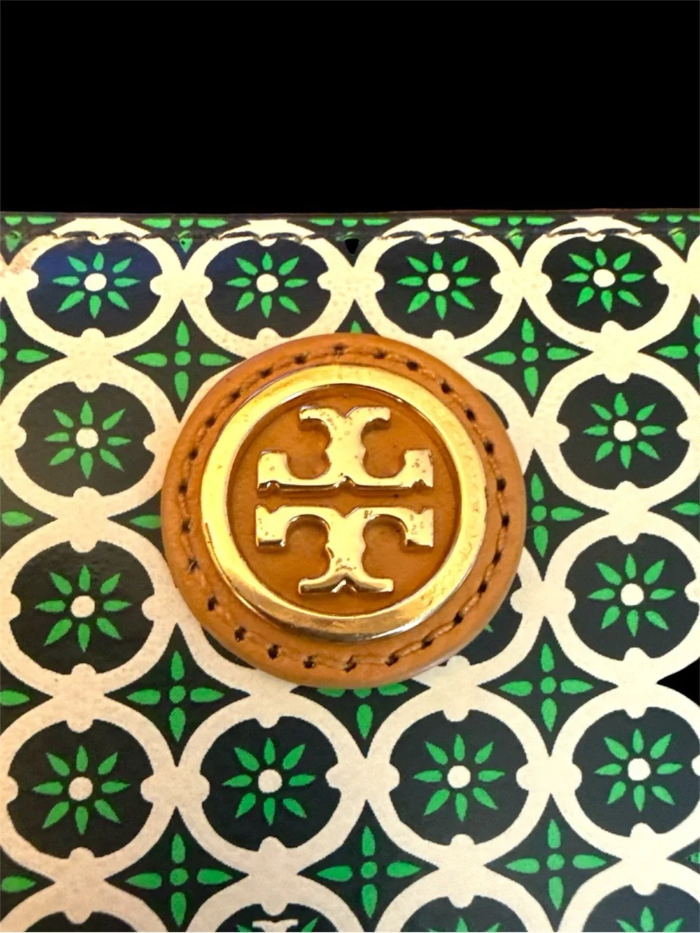 Tory Burch Green Patterned Wristlet Wallet with Tan Strap